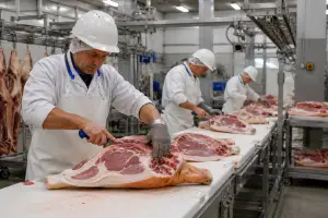 Mitarbeiter bei der Fleischzerlegung in einem modernen Produktionsbetrieb – foodpeople Personalberatung